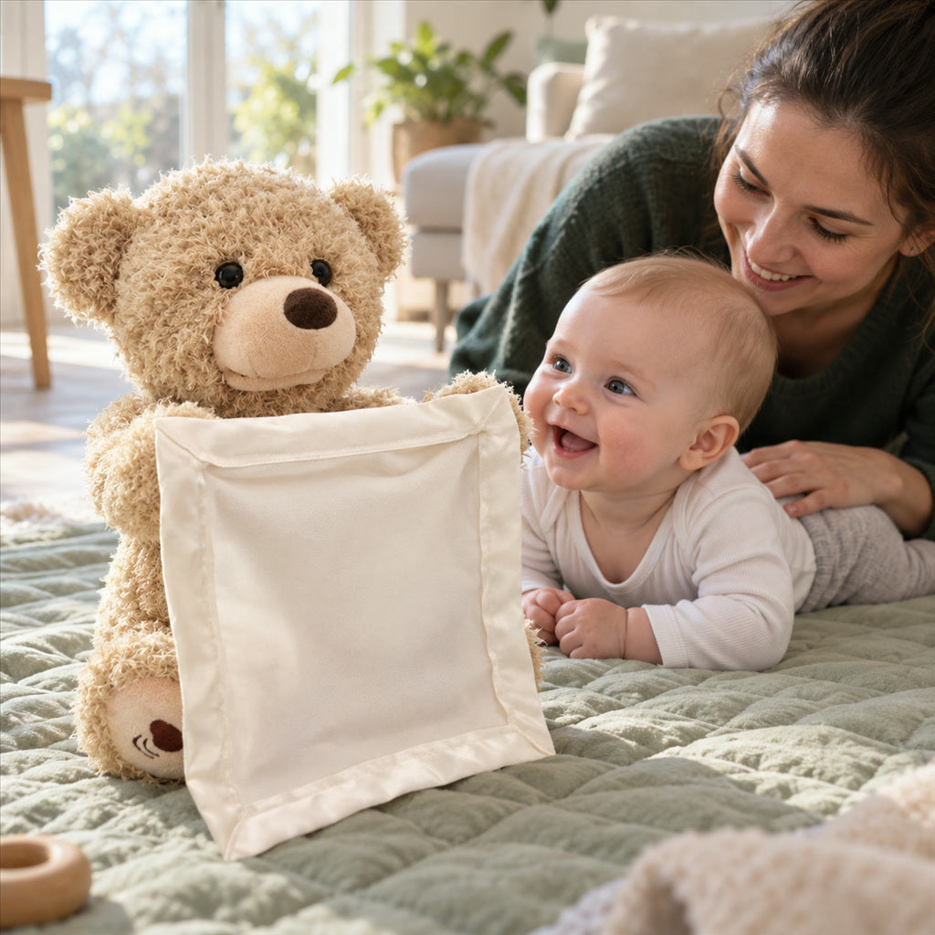 Interaktiver Plüschteddy mit Kuckuck-Funktion und Melodien für die Bauchlage von Babys – weiche Materialien, geschlossene Elemente, leicht zu reinigen