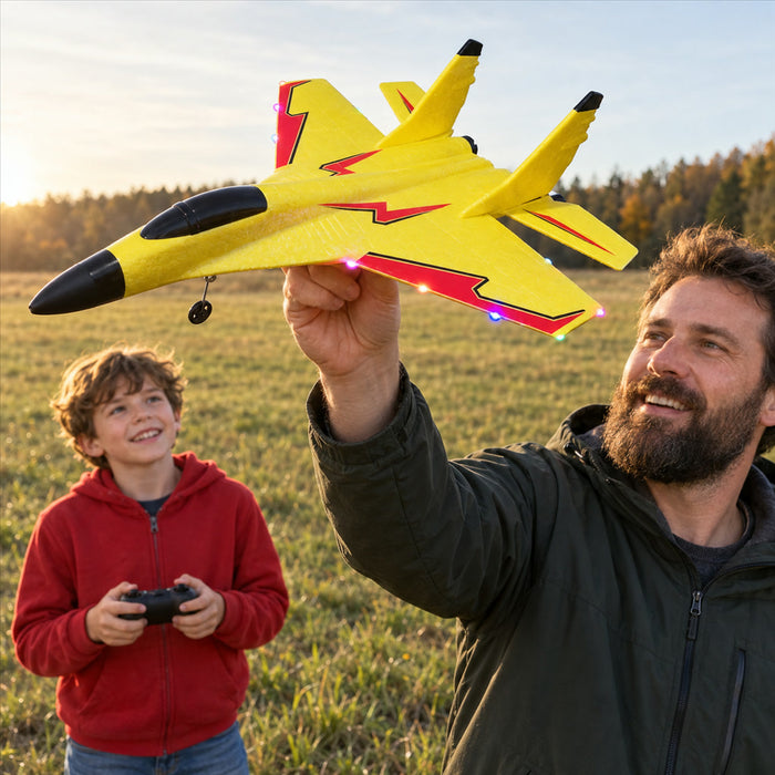 Ferngesteuertes Flugzeug aus bruchfestem Material für Kinder und Erwachsene – leicht, aerodynamisch, für freie Flächen, Blau, Gelb oder Rot