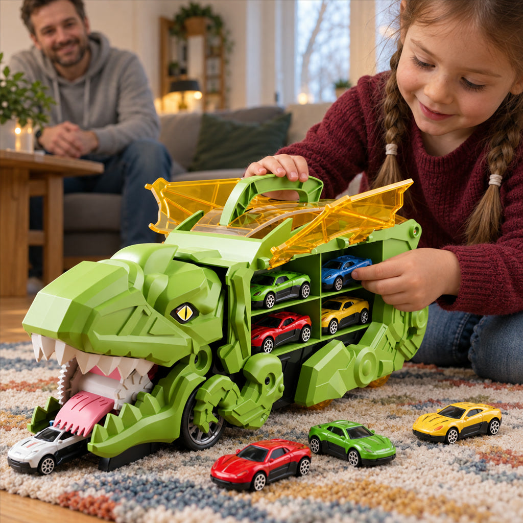 Dinosaurier-Transporter zum Umbauen mit zwei Rennbahnen und Autostauraum für Kinder – 2-in-1, ABS, mit 8 Spielzeugautos, Blau, Rot oder Grün