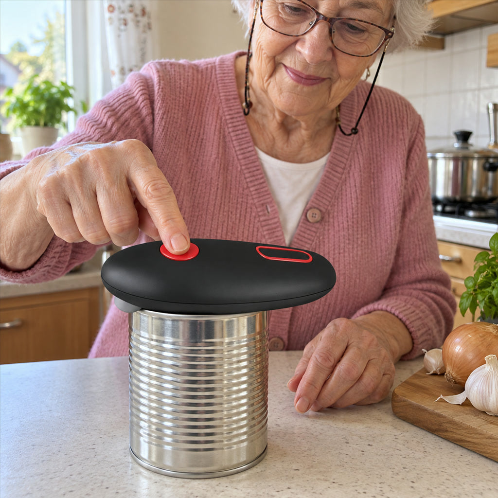 Elektrischer Dosenöffner mit Ein-Knopf-Bedienung für runde Standarddosen – batteriebetrieben, glatte Schnittkanten, ergonomischer Griff, kompakt