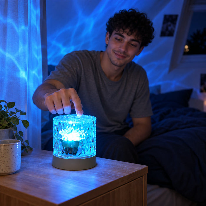 Kristall-Nachtlicht mit Wasserwellen-Projektion für Schlafzimmer und Wohnzimmer – ca. 10 × 15 cm, 3 W, Touch, Fernbedienung, dreifarbig oder bunt