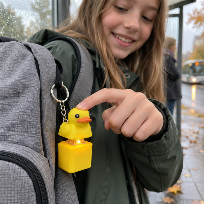Enten-Fidget-Spielzeug als Schlüsselanhänger mit leuchtender Tastaturtaste für Kinder und Erwachsene – Quak-Geräusch, ca. 6 × 3 × 2,5 cm, ABS, Gelb