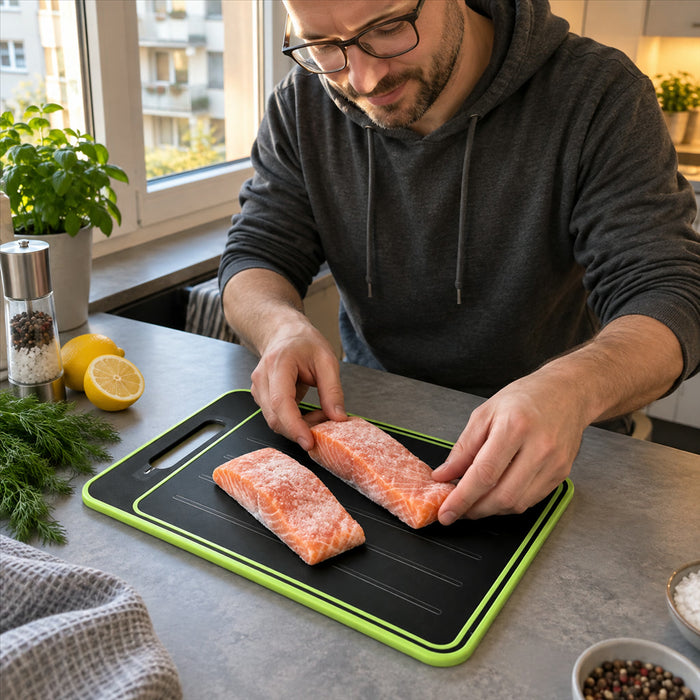 4-in-1-Schneidebrett mit Auftauplatte, Reibe und Messerschärfer für die Küche – doppelseitig, Aluminium, PP und TPR, spülmaschinenfest, 2 Größen