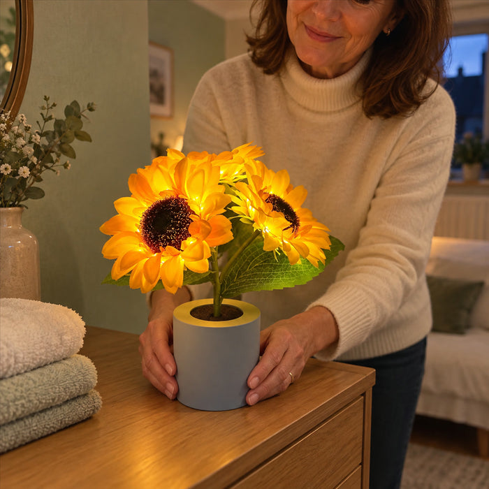 Sonnenblumen-Nachtlicht mit Akku für Schlafzimmer, Restaurant und Hochzeit – kabellose LED-Tischleuchte in Blumenform, als Nachttisch- und Dekoleuchte