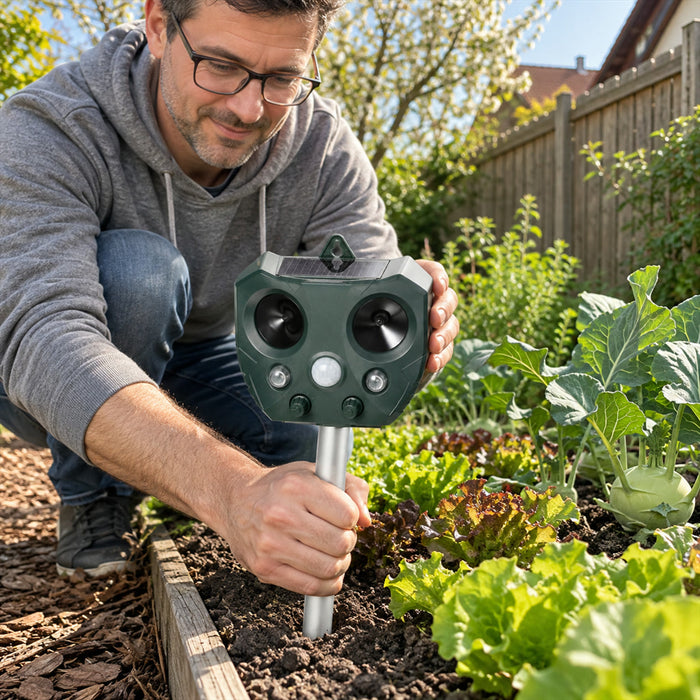 Solar-Ultraschall-Tiervertreiber mit Bewegungsmelder und LED-Blitz für Garten und Rasen – 13,5–45,5 kHz, Erfassung bis ca. 8 m, 120°, mit Erdspieß