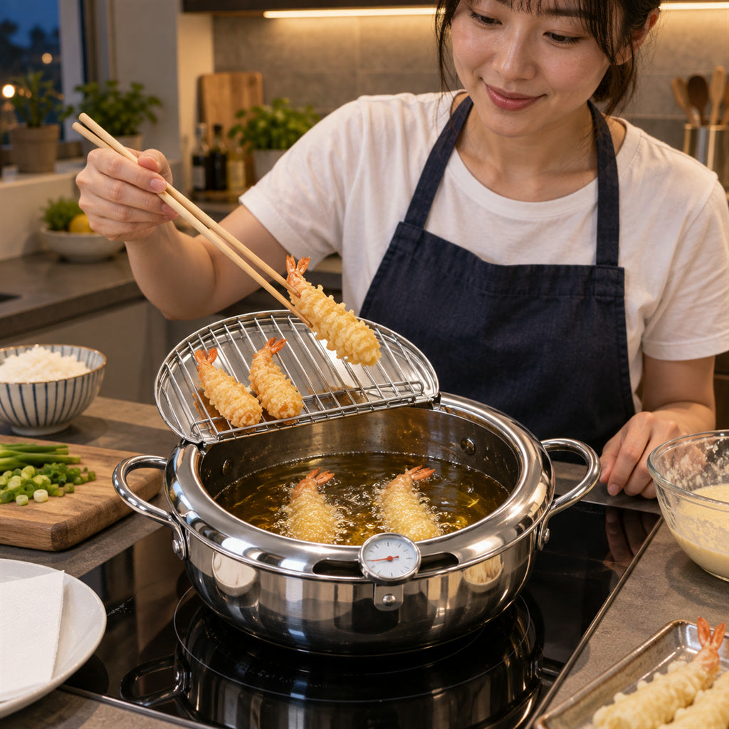 Japanischer Frittiertopf mit Thermometer und Abtropfgitter für Tempura, Karaage und Pommes – für Gas-, Elektro- und Induktionsherd
