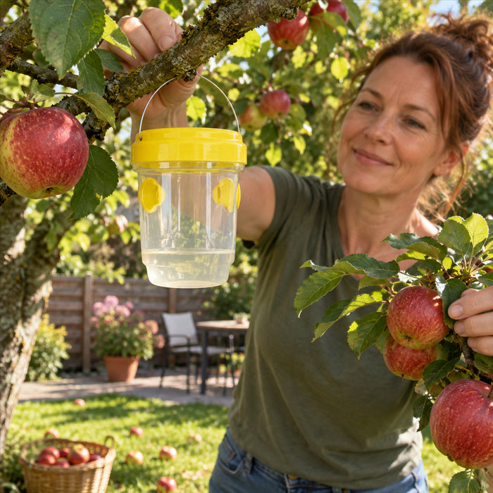 Wespenfalle zum Aufhängen mit gelbem Deckel und Einflugöffnungen für Obstbäume, Garten und Terrasse – transparenter Behälter, ungiftig, Kunststoff