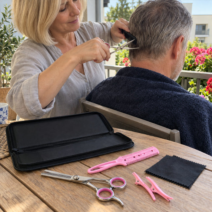 7-teiliges Friseurscheren-Set aus Edelstahl mit Haarschere, Effilierschere, Kämmen und Etui für zu Hause und Salon – ca. 17 cm, Rechtshänder