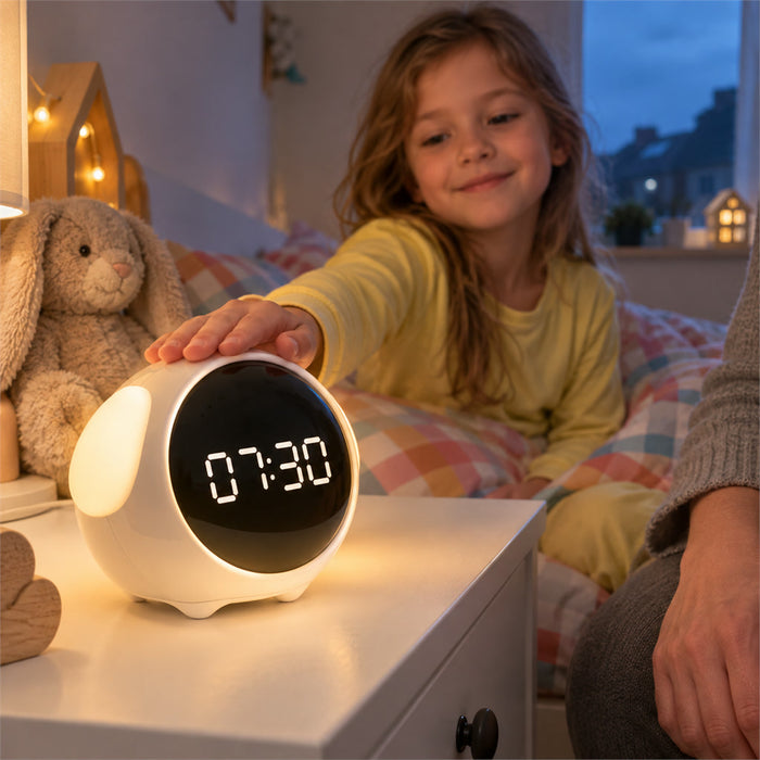 Lichtwecker im Hunde-Design mit Nachtlicht und Sprachsteuerung für Schlafzimmer und Nachttisch – 2 Weckzeiten, 5 Wecktöne, USB-Akku, Weiß oder Rosa