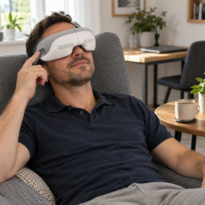 Augenmassagegerät mit Wärme, Luftpolstern und Bluetooth-Lautsprecher für zu Hause und Reisen – 5 Programme, 15-Min.-Timer, faltbar, USB-Akku