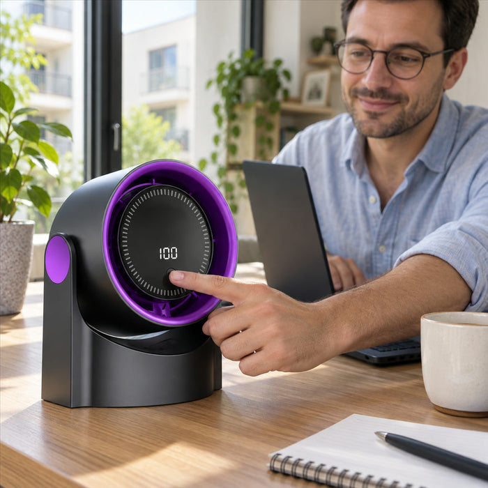 Rotorloser Tischventilator mit Akku für Schreibtisch und Wandmontage – 100 Stufen, 5 Windmodi, Timer, 360° drehbar, USB-C, Grau oder Beige
