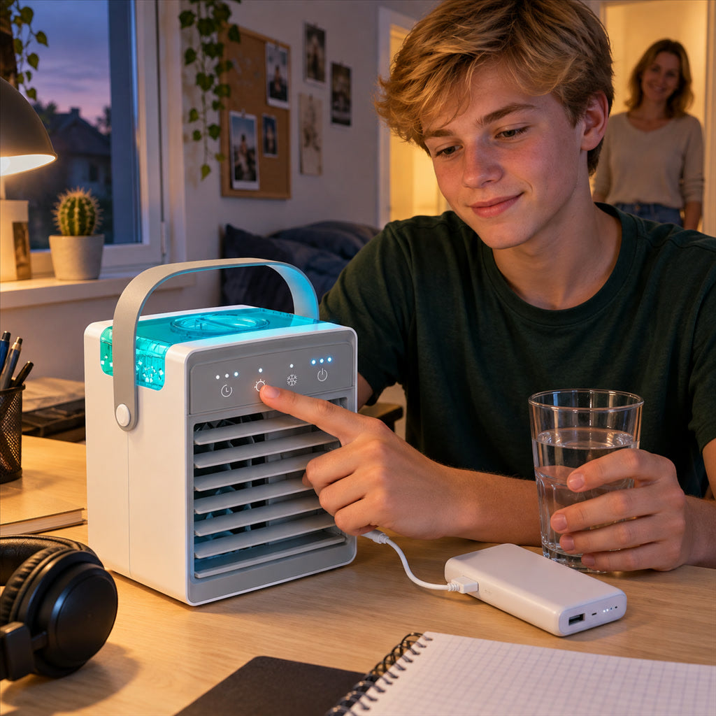 USB-Mini-Luftkühler mit Sprühnebel, Nachtlicht und Tragegurt für Schreibtisch und kleine Räume – 3 Stufen, Timer, 7 Lichtfarben, ca. 17 × 15 cm