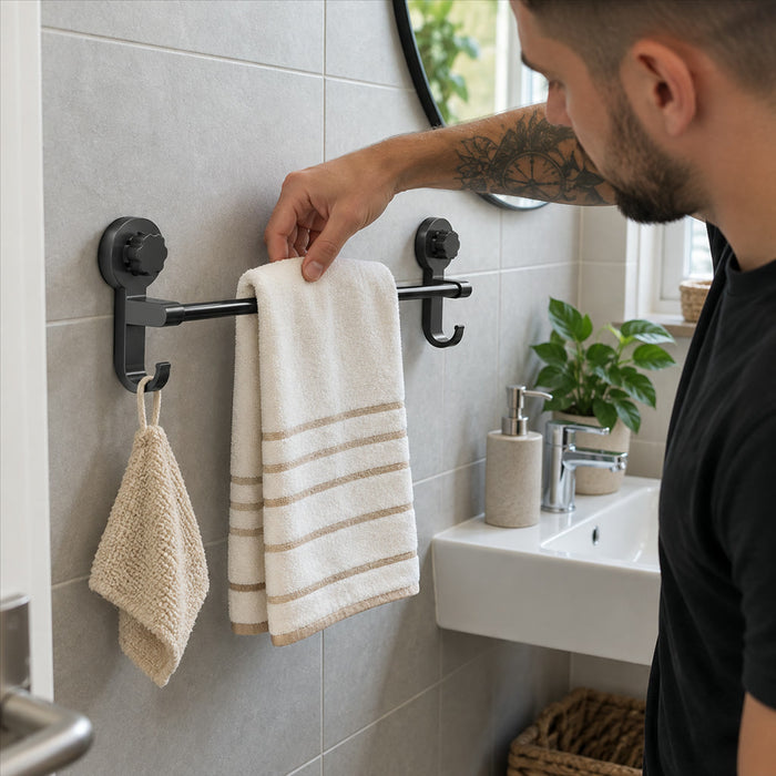 Handtuchstange mit Saugnapf ohne Bohren für Badezimmer und Küche – 40 cm, Aluminium und ABS, für Fliesen, Glas und Metall, Schwarz oder Grau