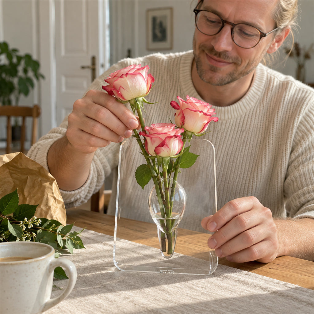 Blumenvase aus Acryl in Bilderrahmen-Form im modernen Stil für Schreibtisch und Esstisch – transparent, bruchfest, für frische und getrocknete Blumen