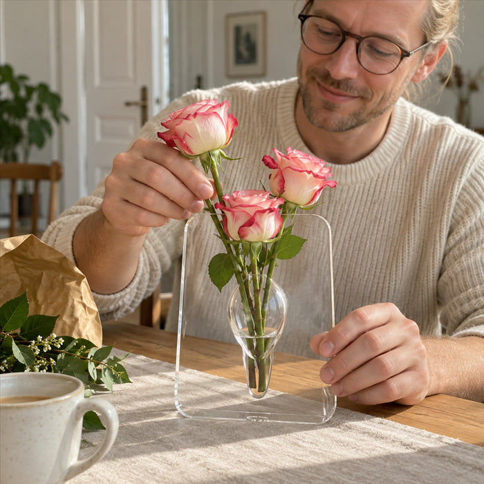 Blumenvase aus Acryl in Bilderrahmen-Form im modernen Stil für Schreibtisch und Esstisch – transparent, bruchfest, für frische und getrocknete Blumen