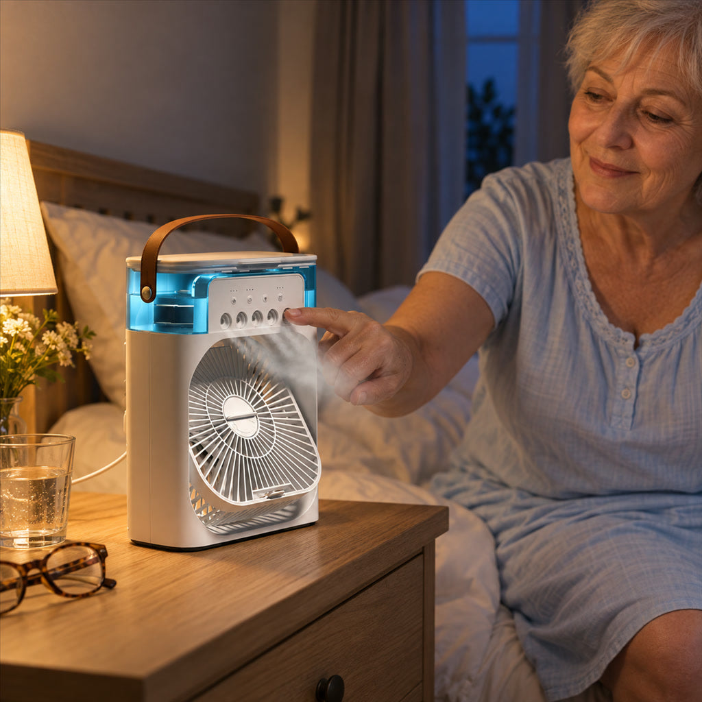 Mini-Luftkühler mit Wassertank, Sprühnebel und Stimmungslicht für Schlafzimmer und Büro – 500-ml-Tank, 3 Stufen, Timer, USB, ca. 21 cm breit