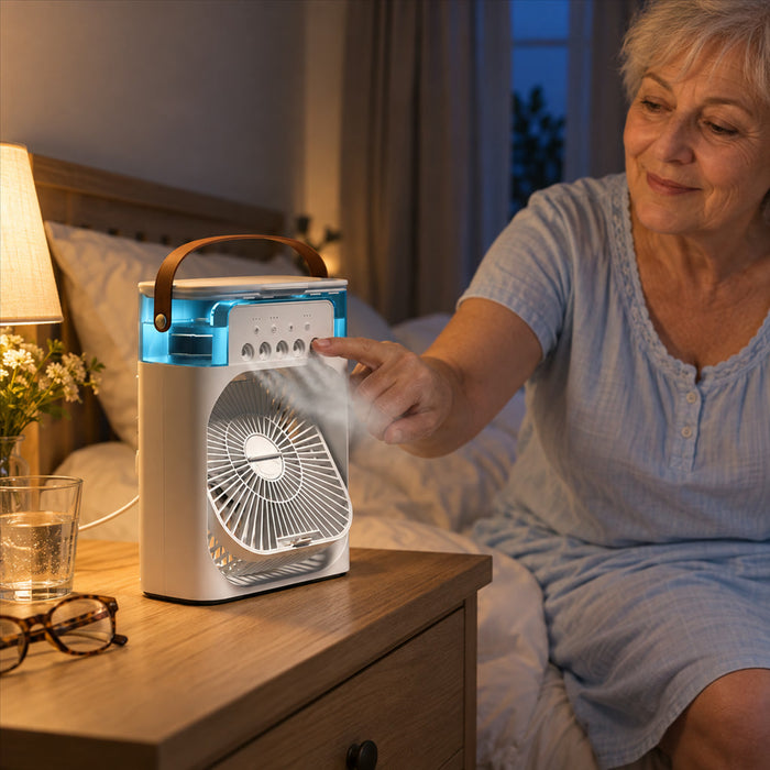 Mini-Luftkühler mit Wassertank, Sprühnebel und Stimmungslicht für Schlafzimmer und Büro – 500-ml-Tank, 3 Stufen, Timer, USB, ca. 21 cm breit