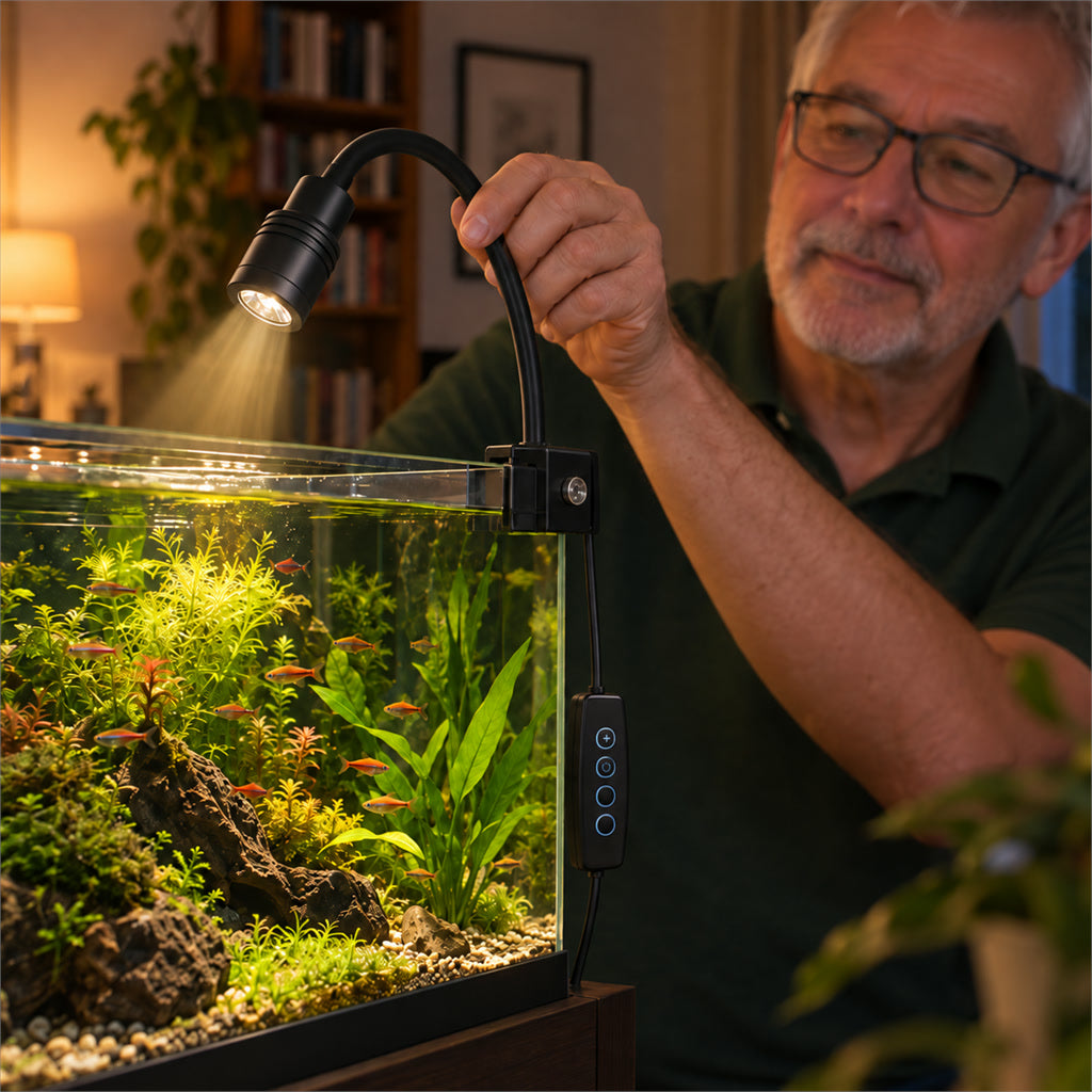 LED-Aquariumleuchte mit Schwanenhals und Randklemme für Aquarien und Aquascaping – 3 Weißtöne, stufenlos dimmbar, 360° drehbar, mit oder ohne Fokus