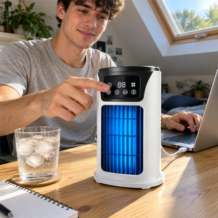USB-Luftkühler mit Baumwollfilter, Befeuchtung und Schwenkfunktion für Innenräume – 6 Stufen, Timer bis 6 Std., LED-Licht, mit 2 Eisbeuteln