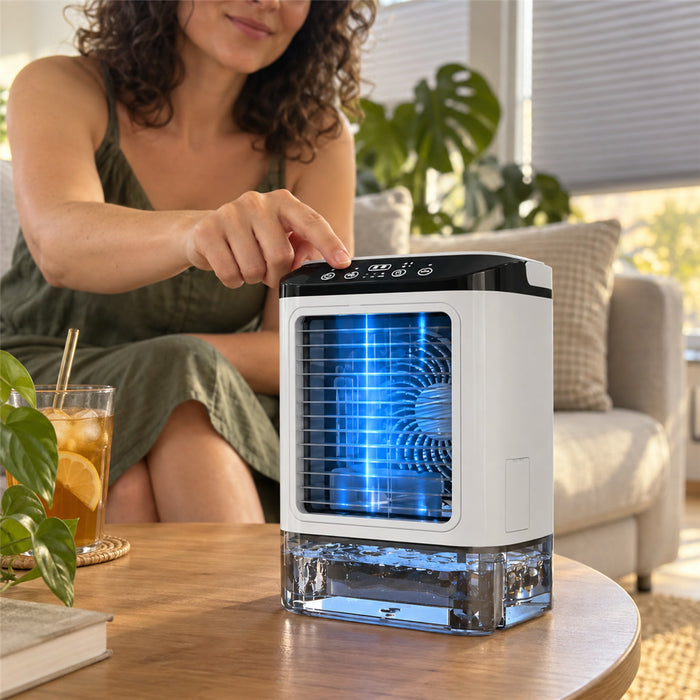 Mini-Luftkühler mit Ultraschall-Doppelvernebler und Eisfach für Schreibtisch und Schlafzimmer – 900-ml-Tank, 3 Stufen, RGB-Licht, Touch-Bedienung