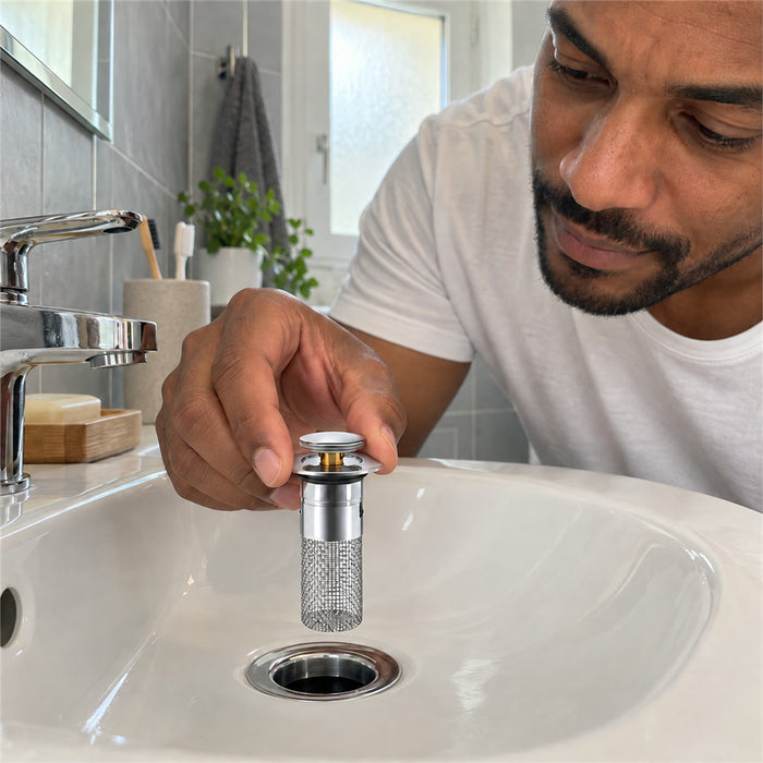 Pop-up-Ablaufstopfen mit Siebkorb und Geruchsverschluss für Waschbecken und Badewanne – für Abflüsse 34–40 mm, ABS, Kupferkern, Edelstahl