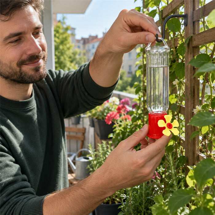 Kolibri-Futterspender aus Kunststoff mit Blumen-Futterstelle und Aufhängeöse für den Garten – schmale Röhre, transparent, roter Schraubboden