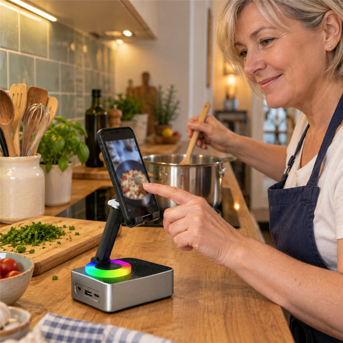 Handy- und Tablet-Halter mit Bluetooth-Lautsprecher und RGB-Leuchtring für Schreibtisch, Nachttisch und Küche – faltbar, neigungsverstellbar, kabellos