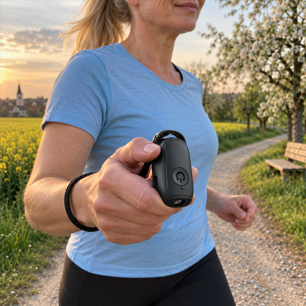 Ultraschall-Hundeabwehr mit Akku und Umhängeband für Spaziergänge, Joggen und Schulweg – 30–40 kHz, Reichweite bis 8 m, USB-C, LED-Anzeige
