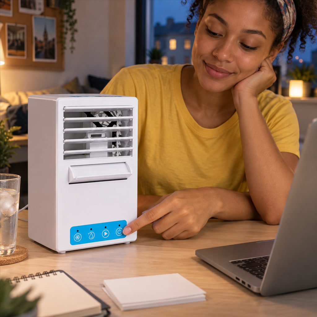 3-in-1-Mini-Luftkühler mit Befeuchter, Luftreinigung und Nachtlicht für Schreibtisch und Wohnheim – 3 Stufen, bürstenloser Motor, USB