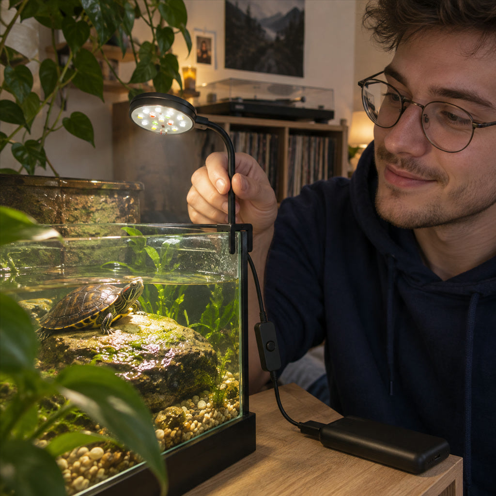 Aquariumleuchte mit Vollspektrum-LED und Schwanenhals für Aquarien und Schildkrötenbecken – Klemme für 2–5 mm Glas, 360° drehbar, Schwarz oder Weiß