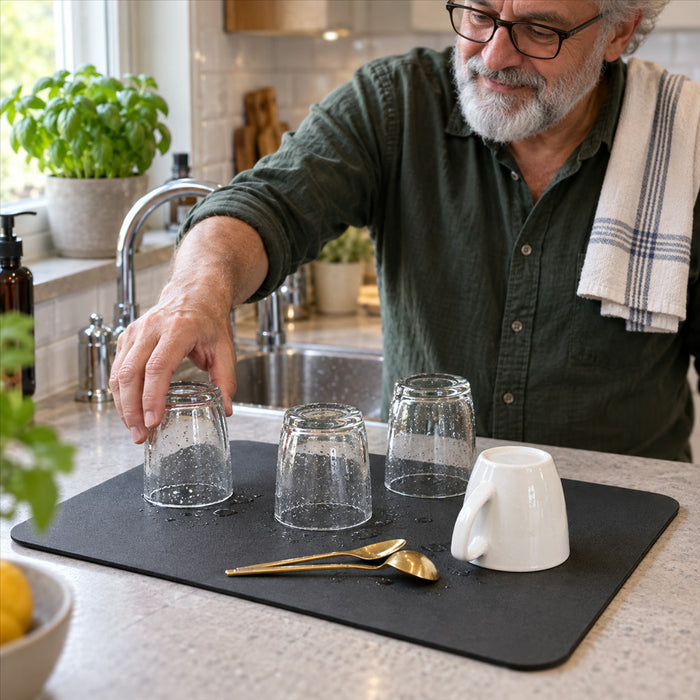 Abtropfmatte aus Kieselgur mit Naturkautschuk-Unterseite für Küche, Bar und Bad – saugfähig, schnell trocknend, 20 × 30 bis 60 × 50 cm, 3 Designs