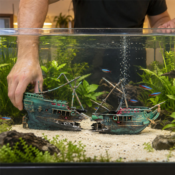 Zweiteiliges Schiffswrack als Aquarium-Deko für Aquarien und Beckengestaltung – zerbrochener Rumpf mit Masten, Luftschlauchanschluss, Fischversteck