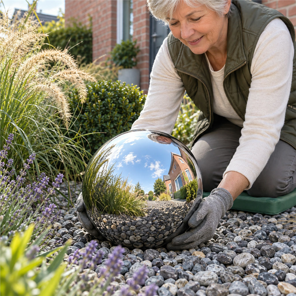 Edelstahl-Dekokugel mit spiegelnder Oberfläche für Garten, Beet und Wohnraum – Gartenkugel, pflegeleicht, zu jeder Jahreszeit dekorativ, 3 Größen