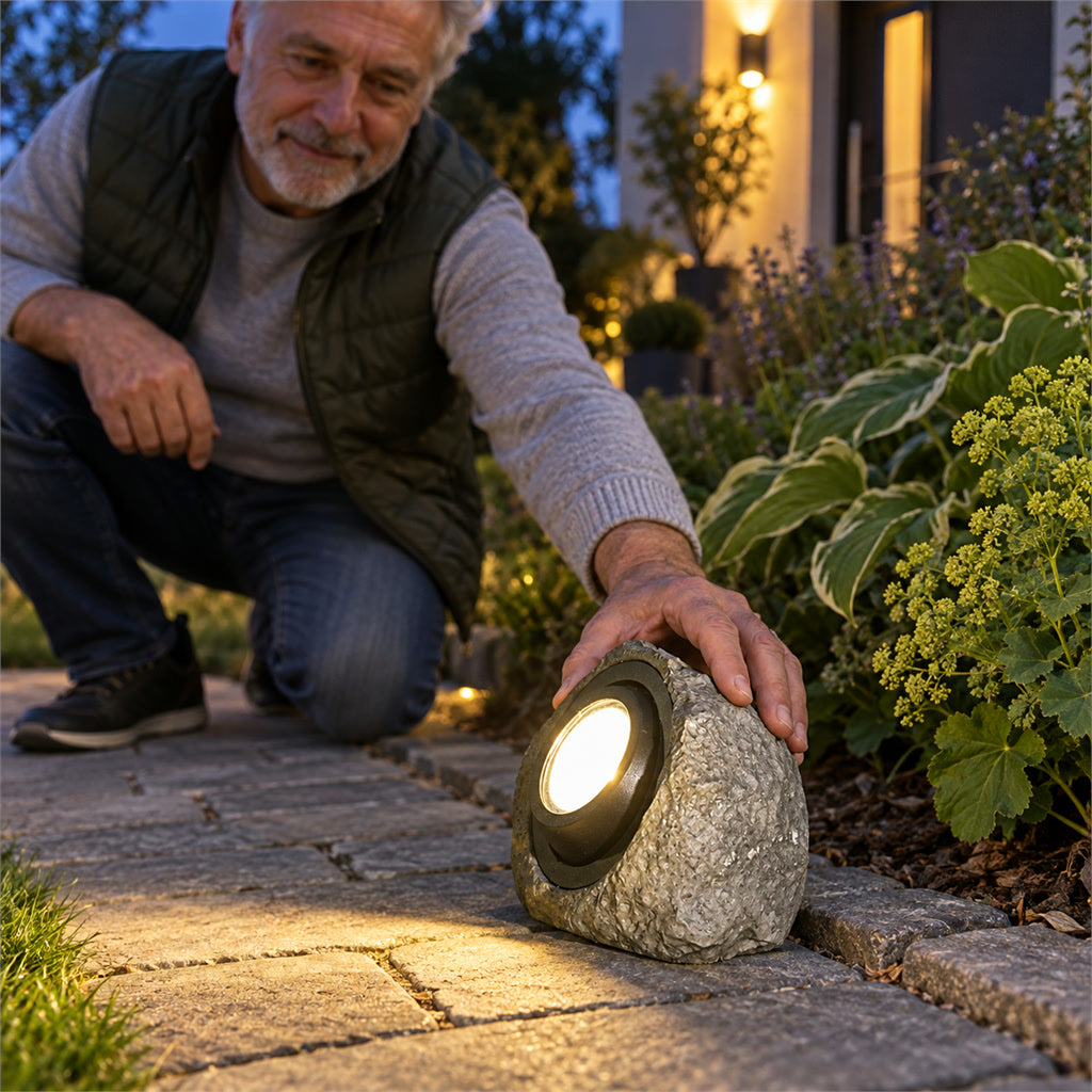 Solar-Wegleuchte in Steinoptik für Gartenweg, Einfahrt und Terrasse – eingebauter Strahler, Solarpanel, Licht für Beetkanten und Stufen