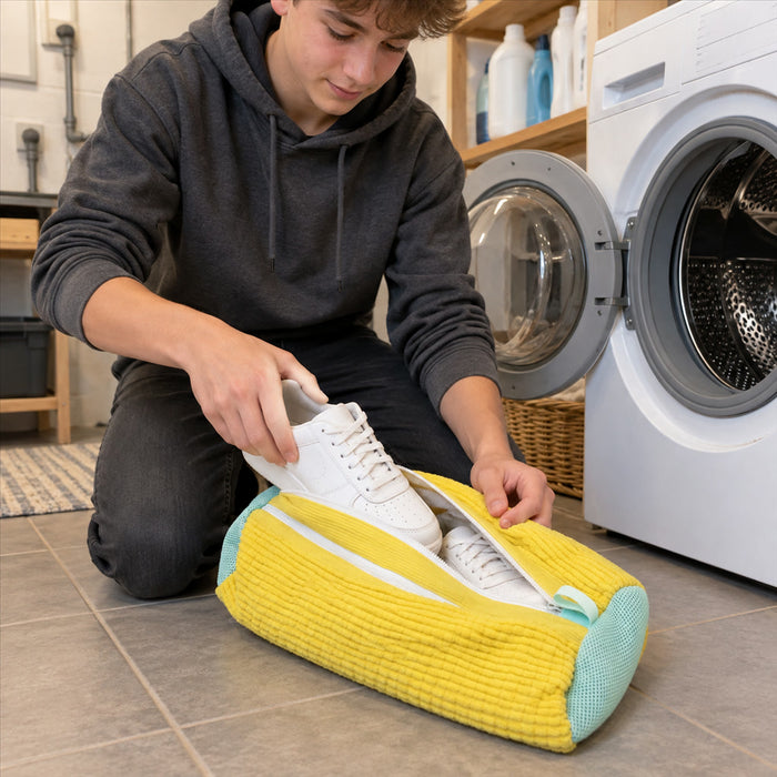Schuhwaschbeutel mit Reißverschluss für die Waschmaschine für Sneaker und Turnschuhe – Polyester, Flausch- oder Netzbeutel, ca. 39 × 19 cm, 5 Farben