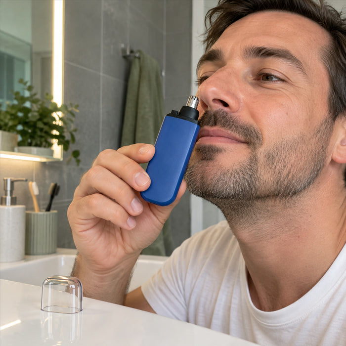 Akku-Nasenhaartrimmer mit 360°-Rotationsklinge für Nase, Ohren und Augenbrauen – wasserdicht, abspülbar, Schutzkappe, USB-Laden, Blau oder Schwarz