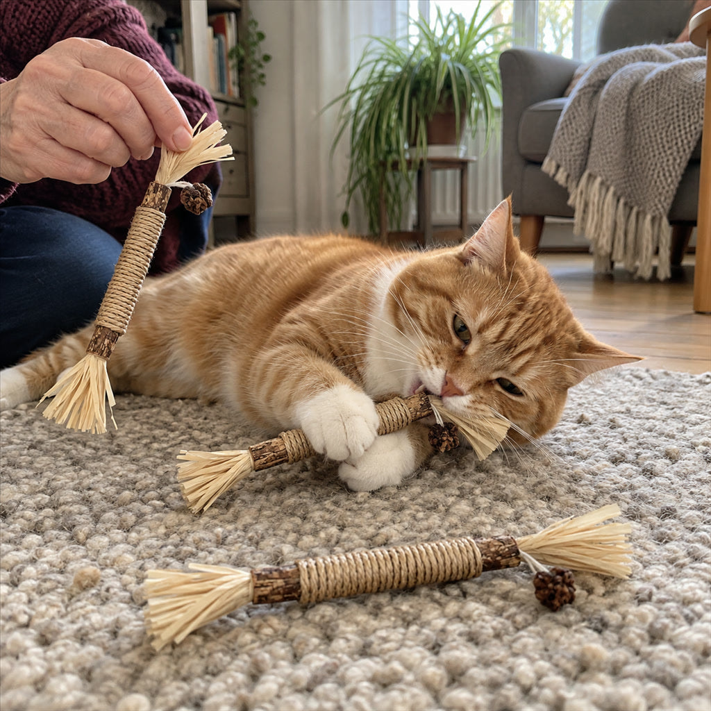 Kauspielzeug-Set für Katzen mit 3 Silvervine-Sticks, Katzenminze und Jutekordel für Kitten und erwachsene Katzen – Naturmaterialien, Bast, Wermut