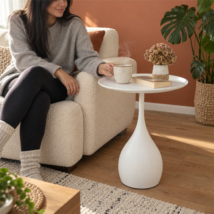 Runder Beistelltisch aus Metall mit tropfenförmigem Standfuß im minimalistischen Stil für das Wohnzimmer – 40 × 60 cm, Platte mit Rand, Eisen