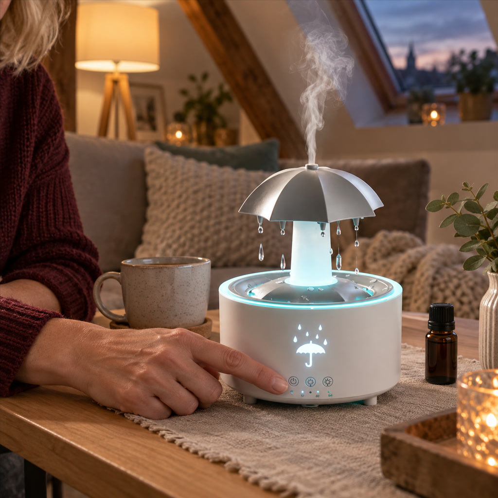 Ultraschall-Aromadiffuser im Regentropfen-Design für ätherische Öle – 300 ml, für Räume bis ca. 18 m², Fernbedienung, Timer, LED-Farblicht