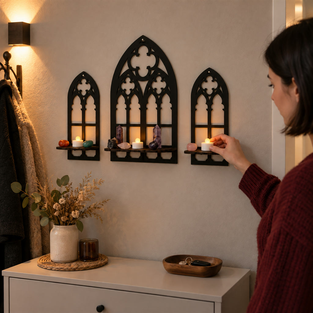 Gothic-Wandkerzenhalter im Kirchenfenster-Design im 3er-Set für Wohnzimmer, Schlafzimmer und Flur – Wandregale mit Ablage, 1 groß und 2 klein, Schwarz