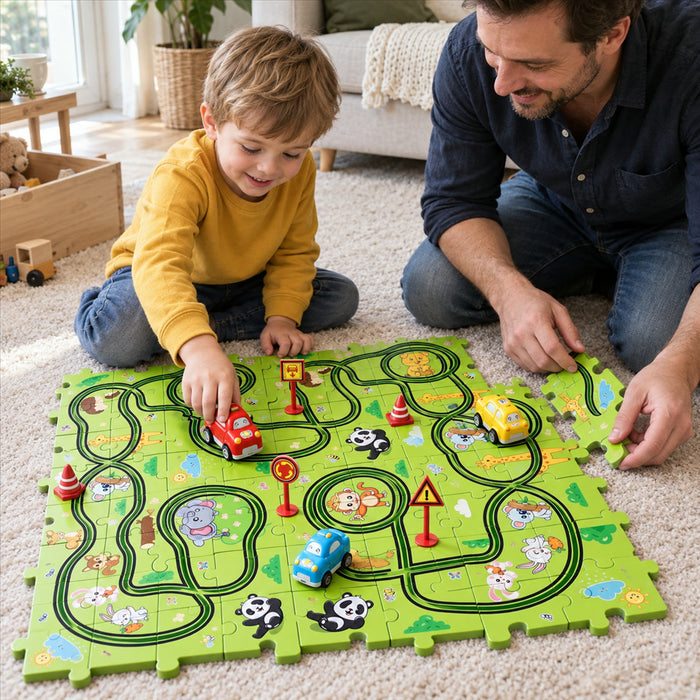 Puzzle-Rennbahn mit Tiermotiven und batteriebetriebenen Autos für Kinder von 2 bis 6 Jahren – 48 Teile, 2 Autos, 6 Verkehrsschilder, BPA-frei