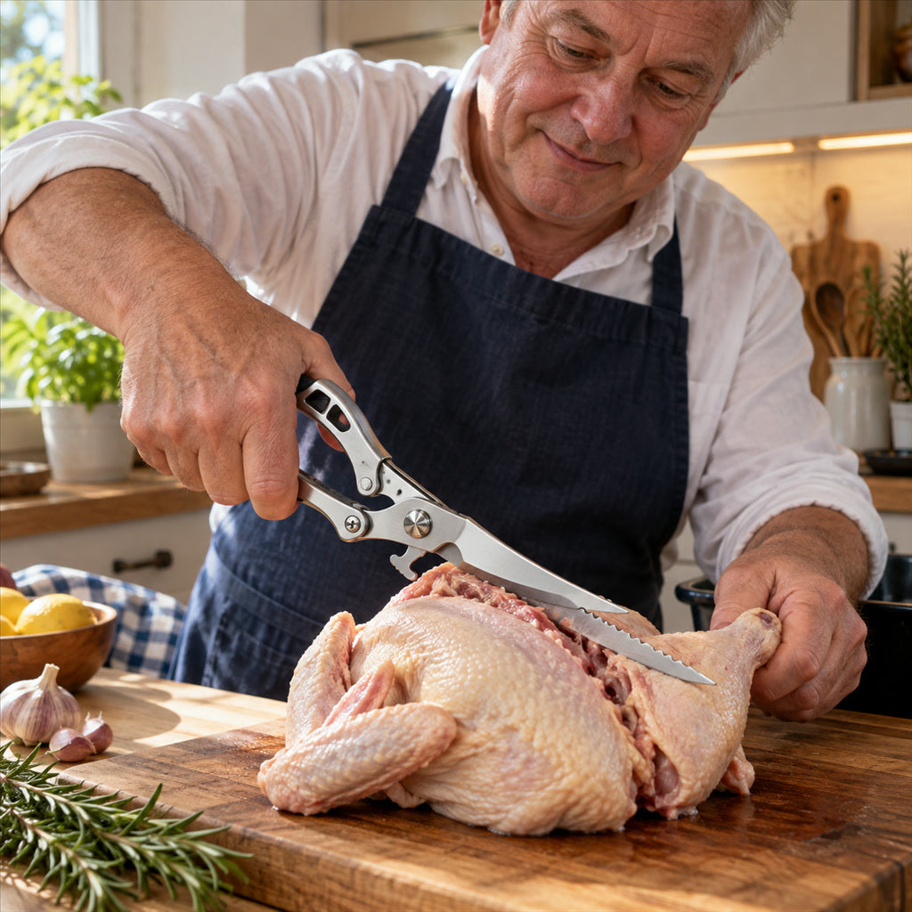 Geflügelschere aus Edelstahl mit Feder und Sicherheitsverschluss zum Zerlegen von Fleisch und Fisch – 3,5 mm Klinge, Fischschupper, Flaschenöffner
