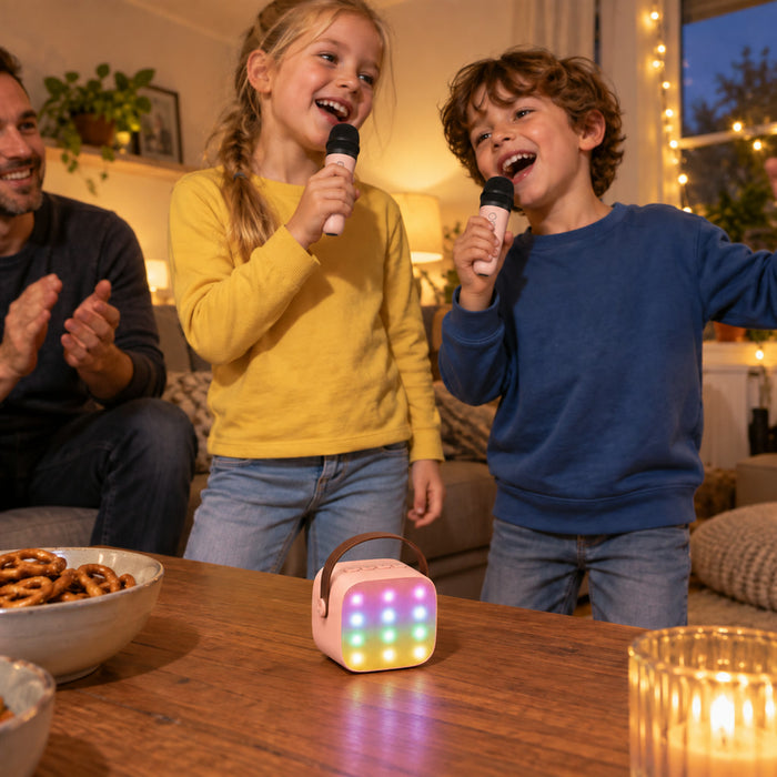 Mini-Karaoke-Maschine mit Funkmikrofonen für Partys, Familienabende und Kinderzimmer – mit Licht oder 2 Mikrofonen, 3 Farben