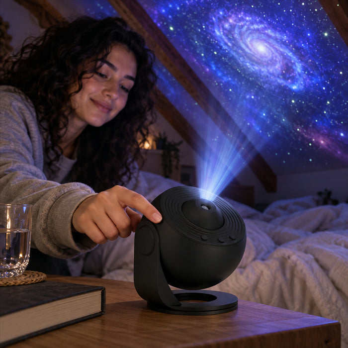 Sternenhimmel-Projektor mit 360°-Rotation und 12 Motivscheiben für Schlafzimmer und Kinderzimmer – Planeten, Galaxien, Fokus einstellbar, Timer