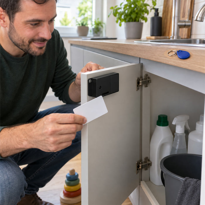 Unsichtbares RFID-Schrankschloss als Kindersicherung für Schranktüren und Schubladen – innen montiert, Öffnen per Chipkarte, Schwarz, Weiß oder Grau