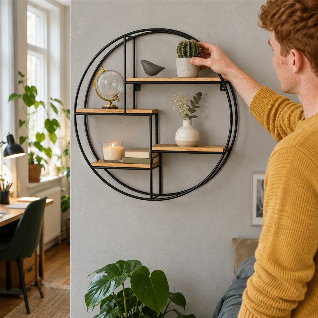 Rundes Wandregal im Industrie-Stil aus Holz und Metall für Wohnzimmer, Schlafzimmer und Büro – Ø 42 × 10 cm, 4 Ablagen, rustikale Holzoptik