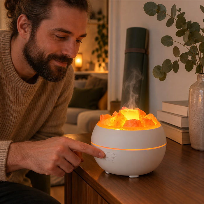 3-in-1 Salzlampe mit Aroma-Diffuser für ätherische Öle für Schlafzimmer, Wohnzimmer und Bad – warmes Licht im Salzkristall-Look, Deko-Objekt