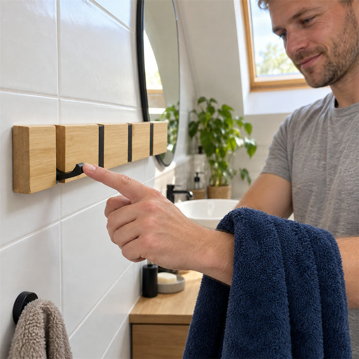 Wandgarderobe aus Bambus und Aluminium mit versteckten Haken für Wohnzimmer, Schlafzimmer und Bad – wasserabweisend, 3 bis 5 Haken, verschraubt