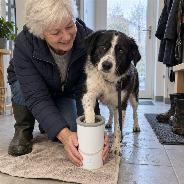 Automatischer Pfotenreiniger mit rotierenden Silikonbürsten für Hunde bis 25 kg – Pfoten bis 5 cm, 2 Geschwindigkeiten, 2000-mAh-Akku, USB-C