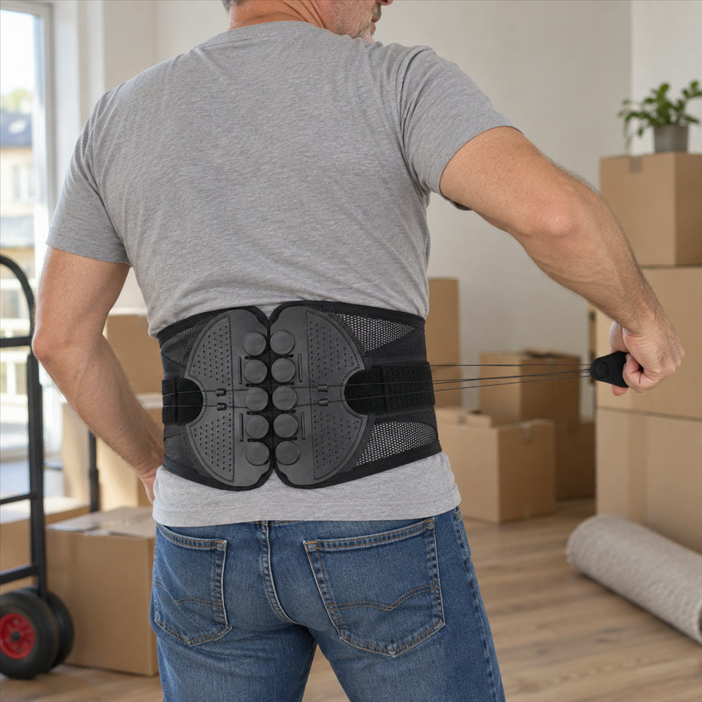 Rückenbandage für den Lendenbereich mit Flaschenzug-System für Alltag, Arbeit und Sport – Größen S bis 2XL, Nylon, Klettverschluss, Mesh-Einsätze